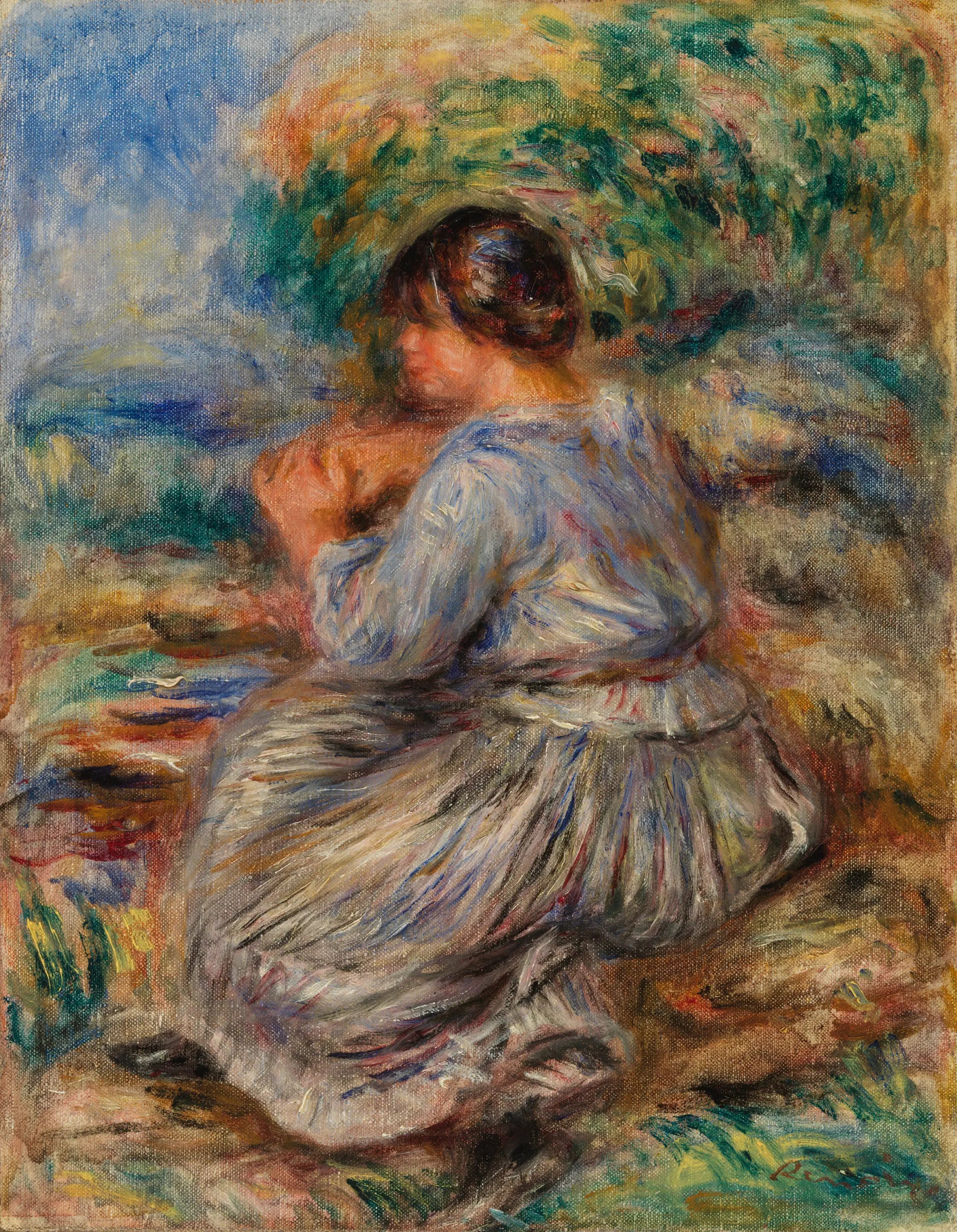 Reproduction du tableau « Fille assise dans un paysage (Jeune fille assise dans un jardin) - Pierre-Auguste Renoir » par Alpha Reproduction en peinture à l’huile