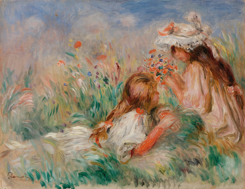 Girl Lying on the Grass and Young Girl Arranging a Bouquet - Pierre-Auguste Renoir