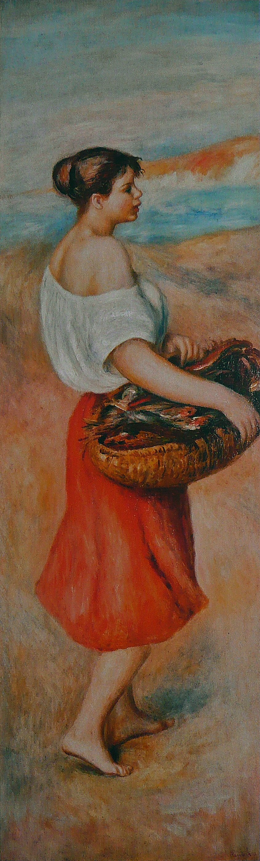 Reproduction du tableau « Fille avec un panier de poissons - Pierre-Auguste Renoir » par Alpha Reproduction en peinture à l’huile