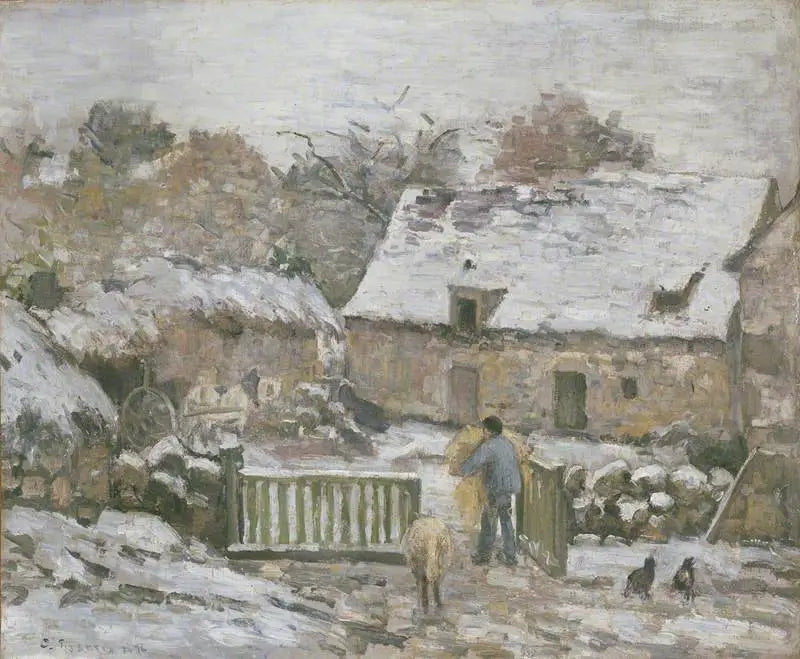 Farm at Montfoucault, Snow Effect - Camille Pissarro