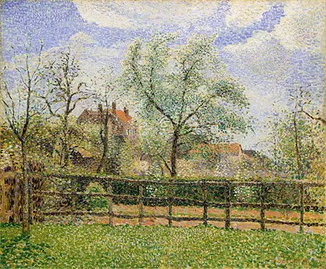 Flowering Pear Trees at Eragny, Morning - Camille Pissarro