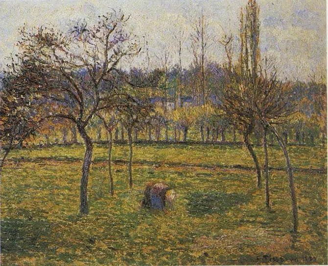 The Pasture Background at Éragny with a Woman Gathering Grass - Camille Pissarro