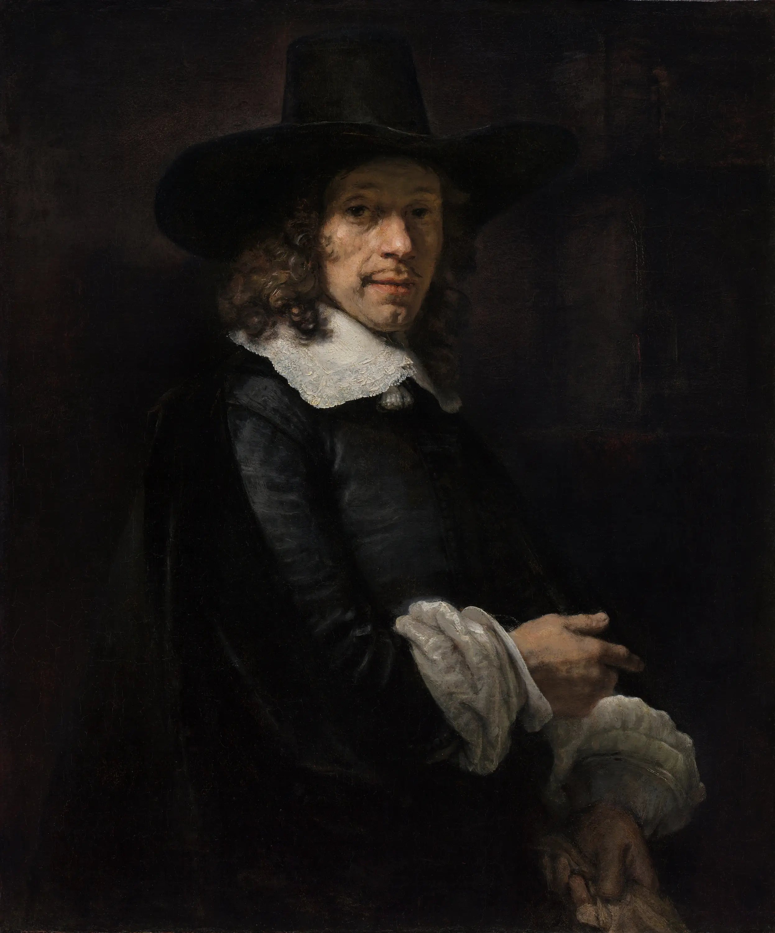 Reproduction du tableau « Portrait d'un homme avec un chapeau haut de forme et des gants - Rembrandt » par Alpha Reproduction en peinture à l’huile