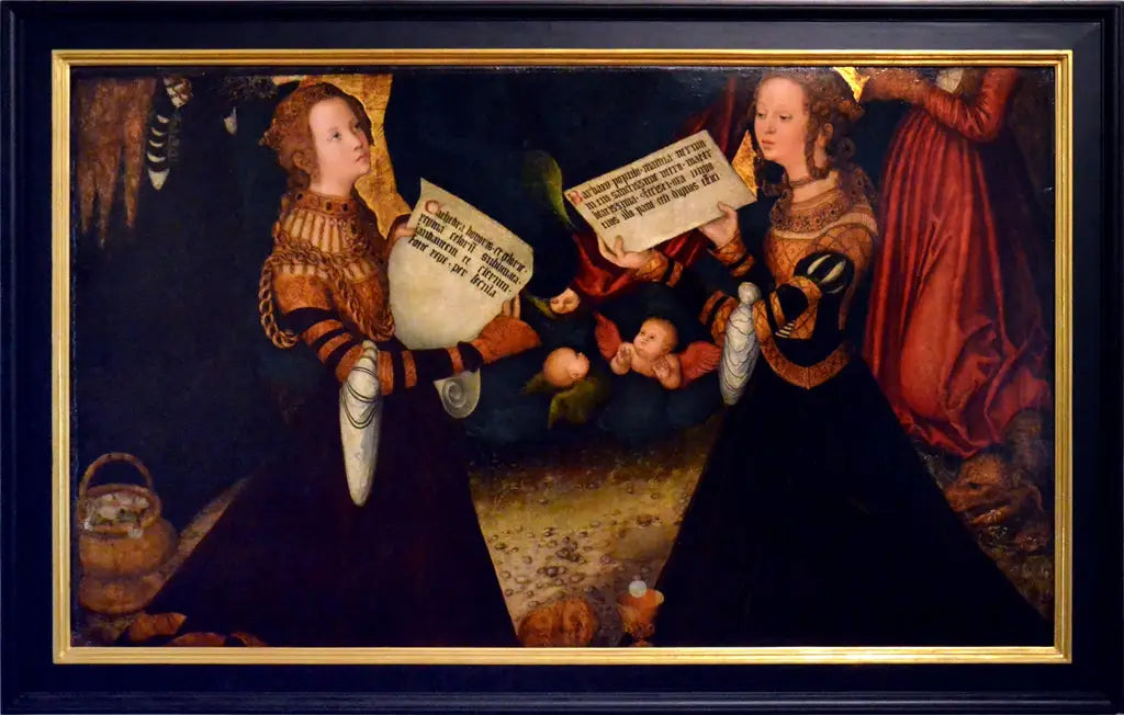Retable de Prague [panneau central fragment]: Sainte Catherine et Sainte Barbe avec des fragments des figures de Sainte