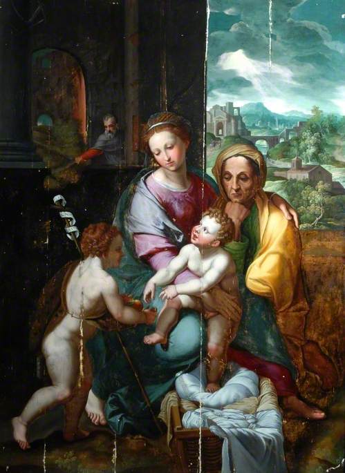 Reproduction du tableau « La Sainte Famille avec sainte Élisabeth et l'enfant saint Jean-Baptiste - Raphaël Sanzio » par Alpha Reproduction en peinture à l’huile
