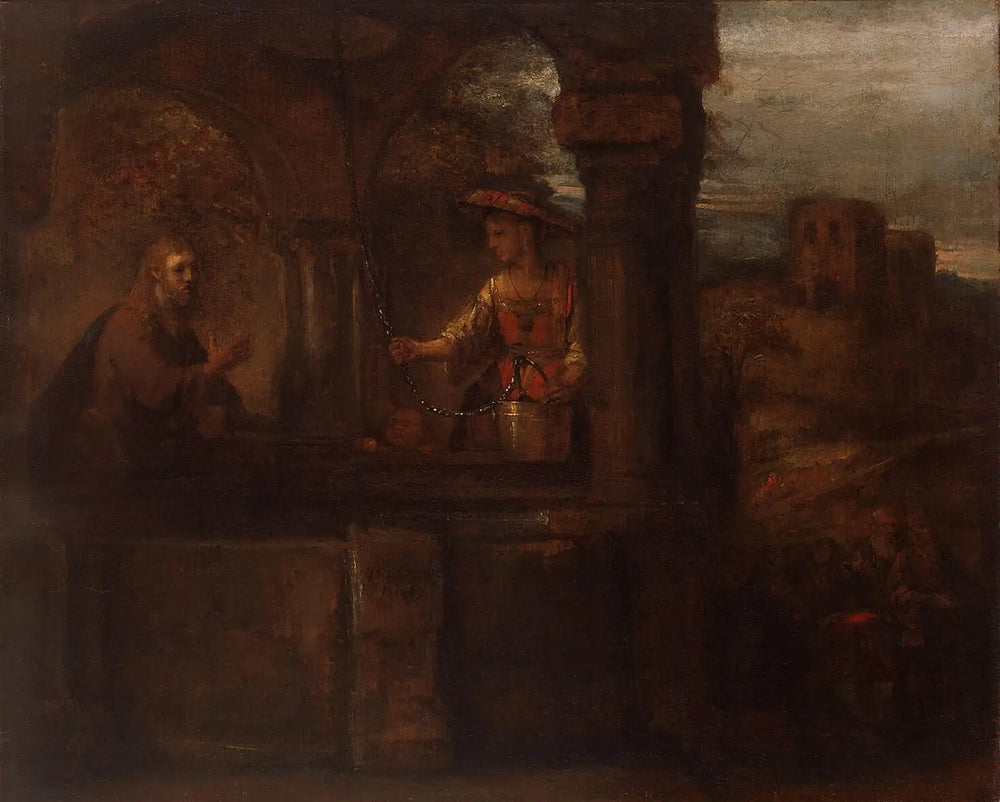 Reproduction du tableau « Le Christ et la Samaritaine - Rembrandt » par Alpha Reproduction en peinture à l’huile