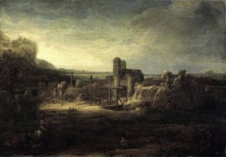 Reproduction du tableau « Paysage avec une église - Rembrandt » par Alpha Reproduction en peinture à l’huile