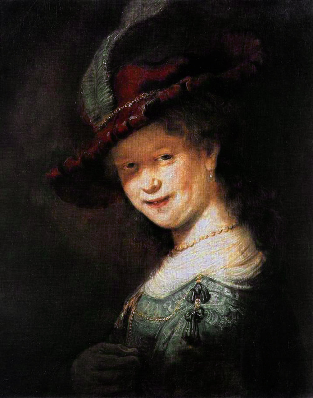 Reproduction du tableau « Buste d'une jeune femme souriante, peut-être Saskia van Uylenburgh - Rembrandt » par Alpha Reproduction en peinture à l’huile