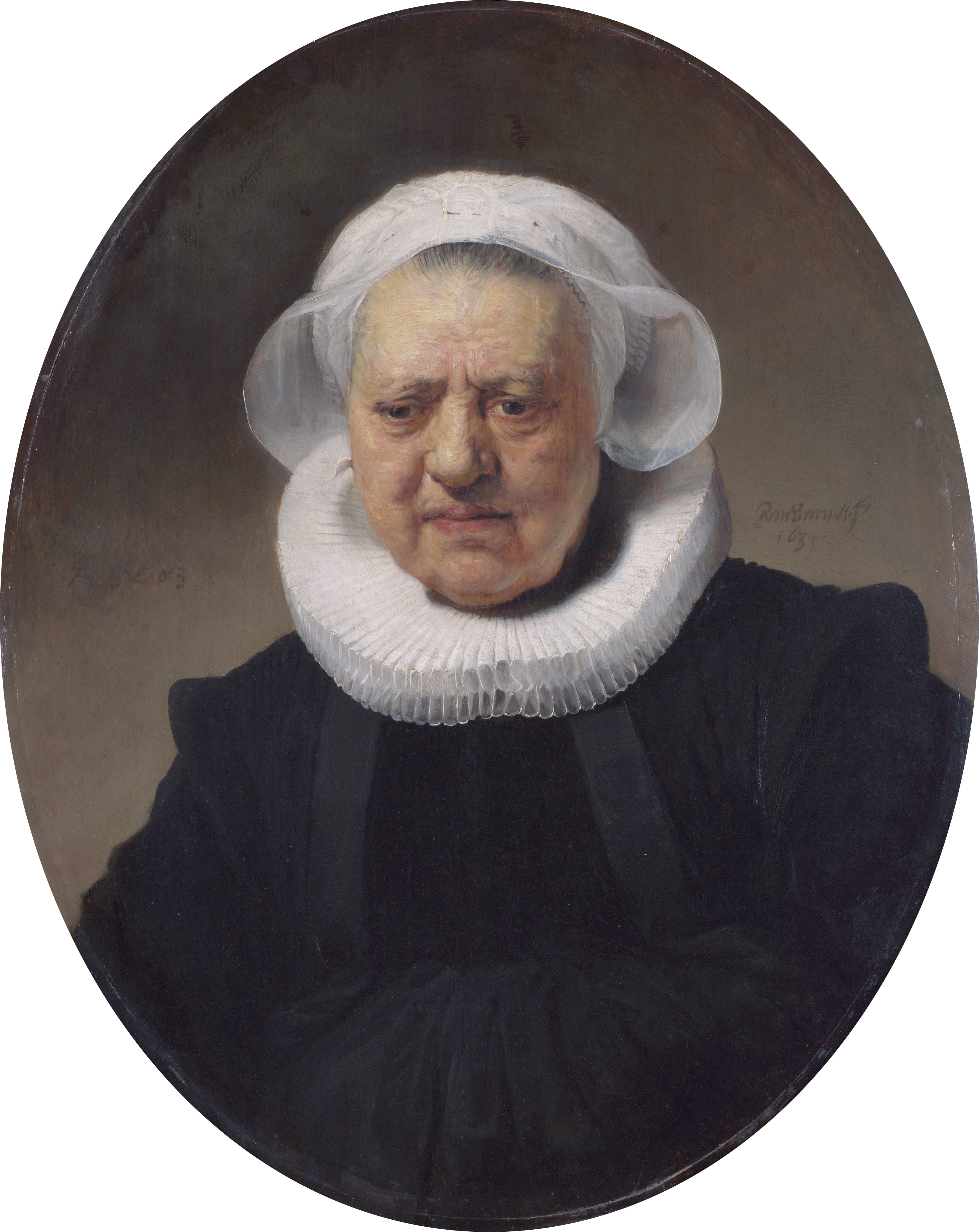 Reproduction du tableau « Portrait d'une femme de 83 ans (peut-être Aechje Claesdr, mère de Dirck Jansz Pesser) - Rembrandt » par Alpha Reproduction en peinture à l’huile