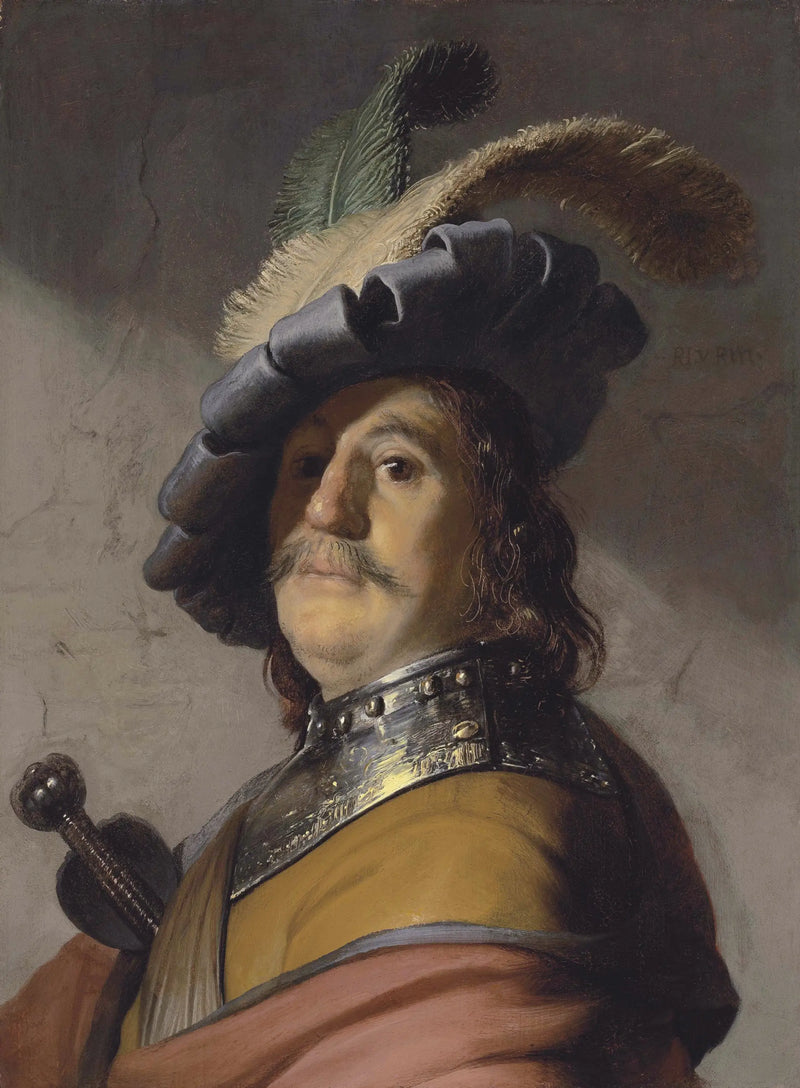 Bust of a man wearing a gorget and a feathered beret - Rembrandt