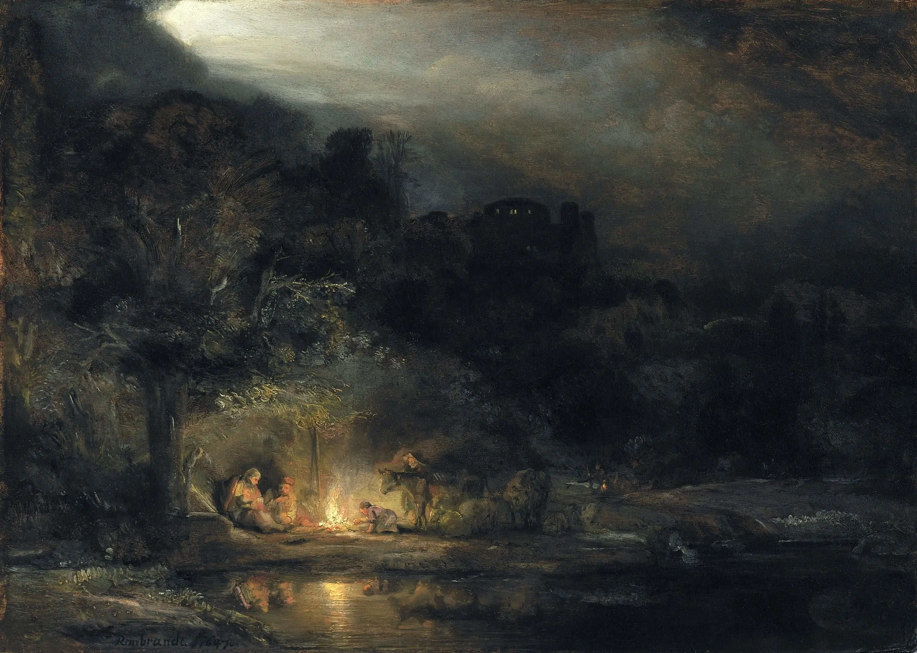 Reproduction du tableau « Paysage avec le repos pendant la fuite en Égypte - Rembrandt » par Alpha Reproduction en peinture à l’huile