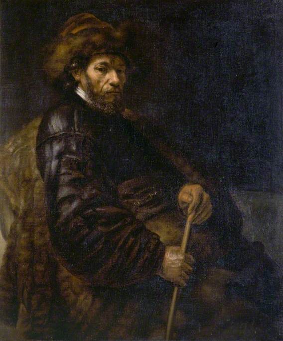 Reproduction du tableau « Un homme assis avec un bâton - Rembrandt » par Alpha Reproduction en peinture à l’huile