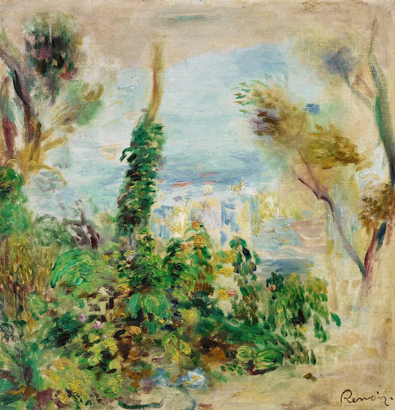 Landscape, with climbing flowers in the foreground, houses in the background - Pierre-Auguste Renoir
