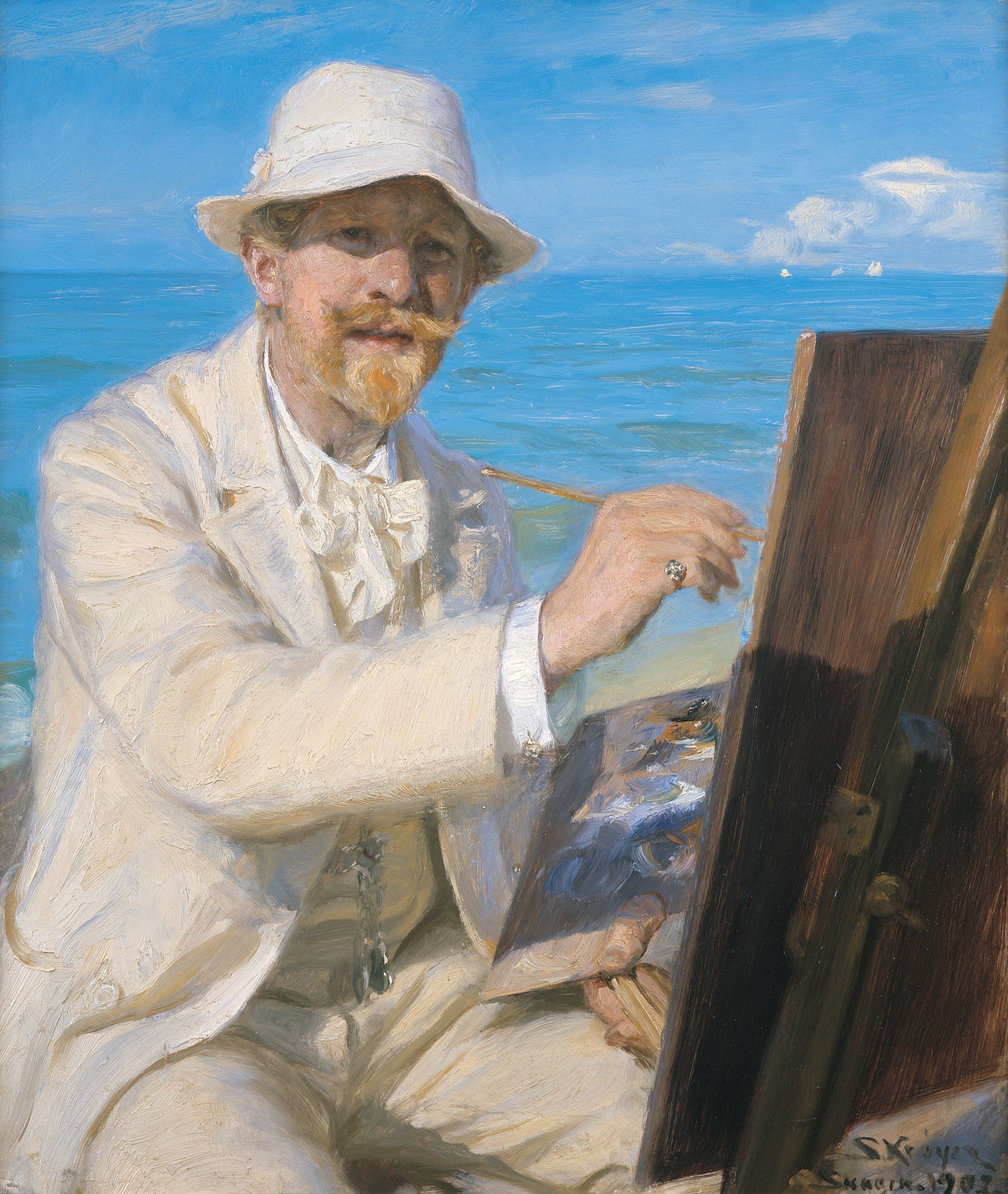 Self-Portrait, Sitting by His Easel at Skagen Beach - Peder Severin Krøyer