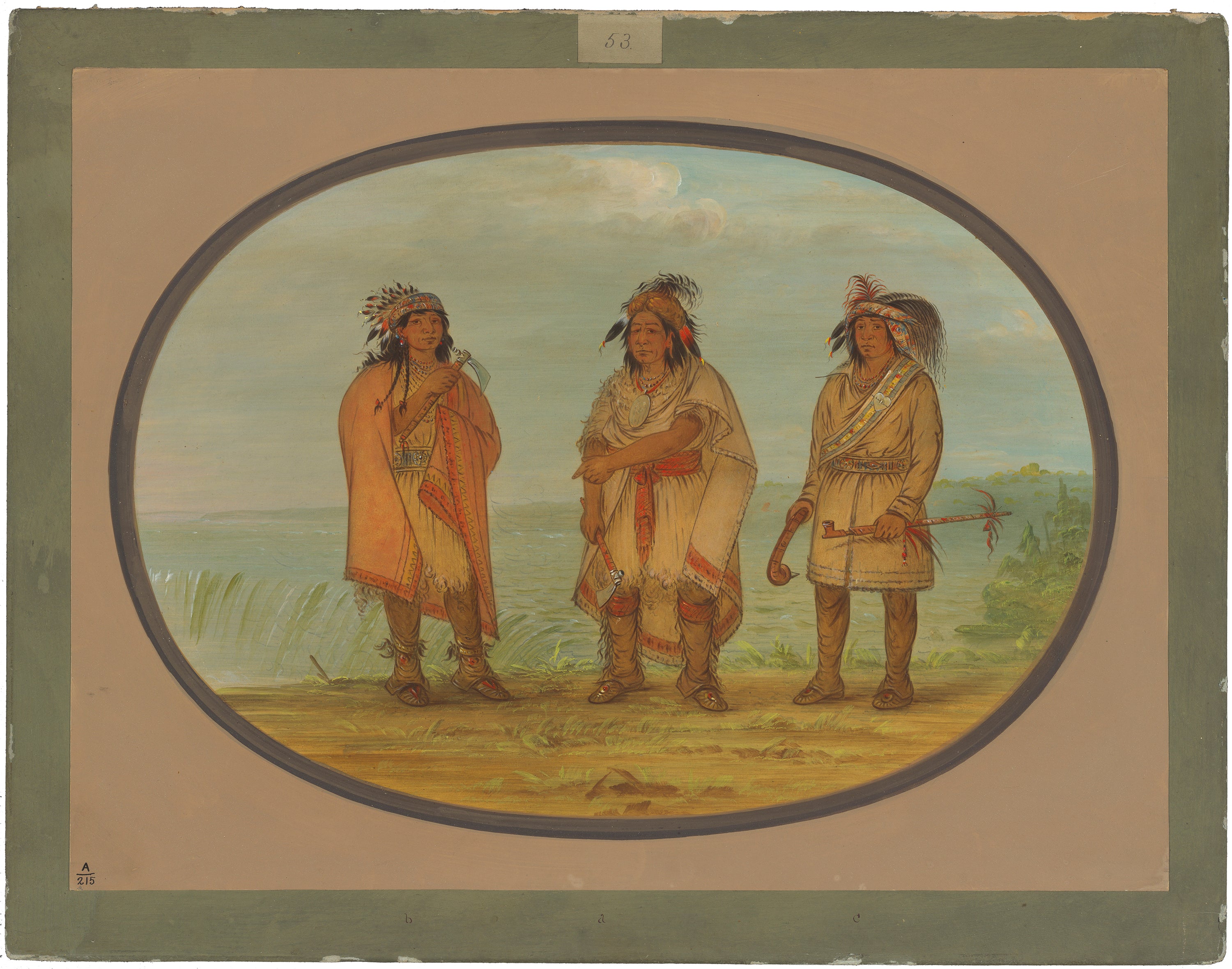 Chef Sénèque, veste rouge, avec deux guerriers - George Catlin