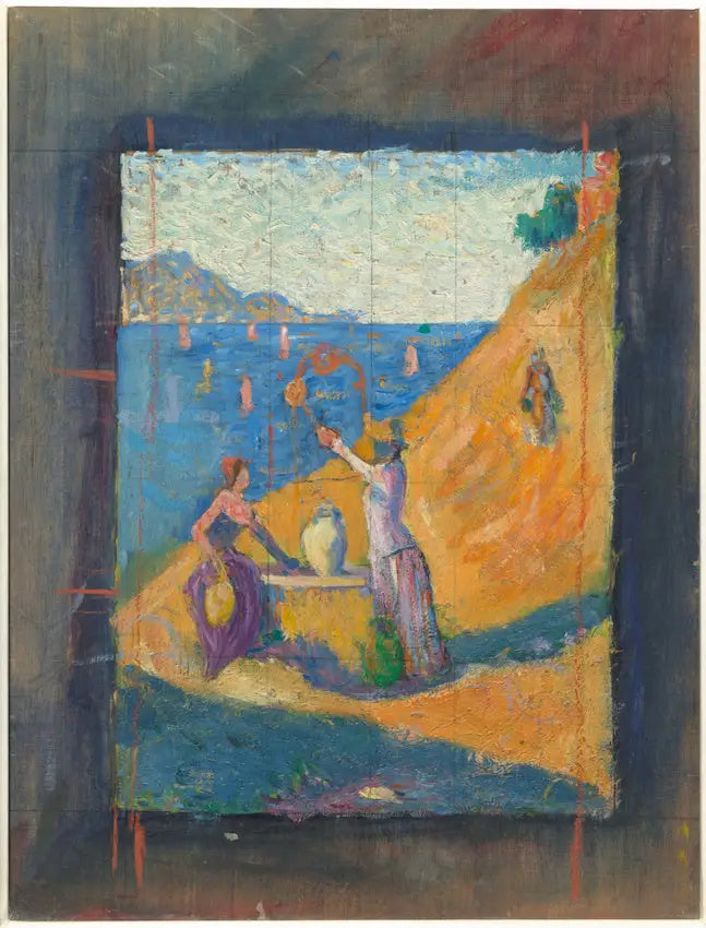 Reproduction du tableau « Femmes au puits. Esquisse III ; Vue du port de Saint-Tropez - Paul Signac » par Alpha Reproduction en peinture à l’huile
