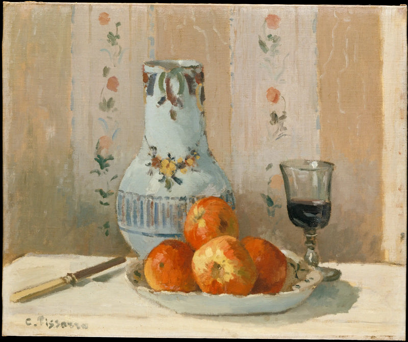 Chestnut Apples and Glazed Earthenware on a Table - Camille Pissarro