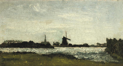 Paysage fluvial avec clocher et moulin - Theo van Doesburg