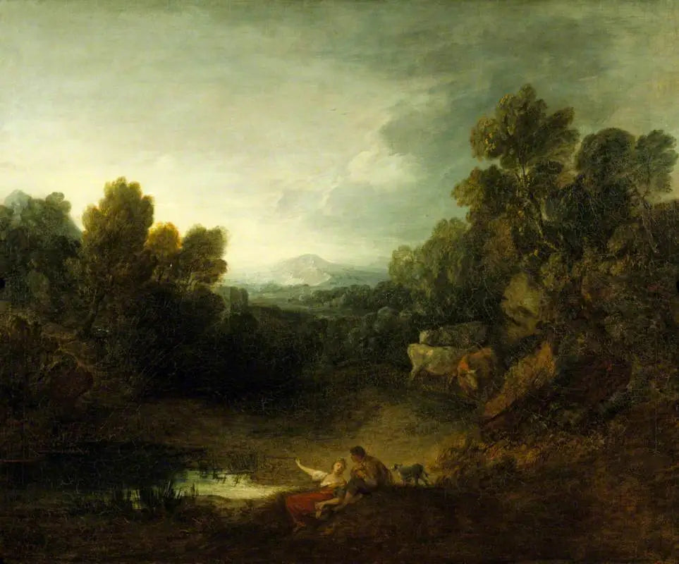 Paysage boisé rocheux avec des amoureux rustiques au bord d’une piscine - Thomas Gainsborough - Alpha Reproduction