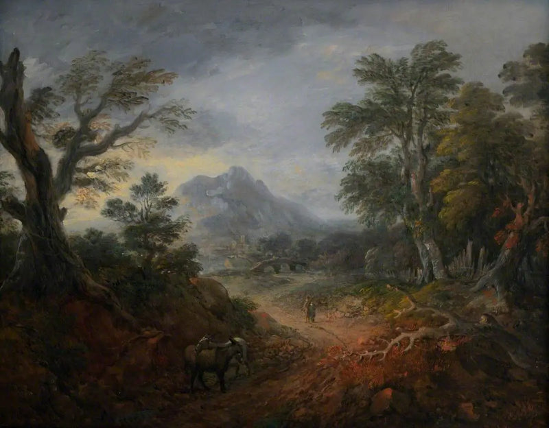 Forested landscape with characters, bridge, donkeys, distant buildings, and mountain - Thomas Gainsborough