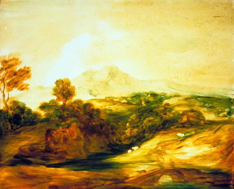Woodland River Landscape with Figures on a Bridge, a Chalet, Sheep, and Distant Mountains - Thomas Gainsborough