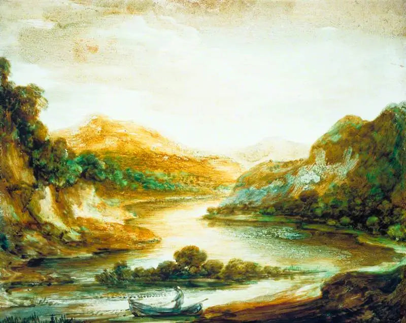Forested River Landscape with a Fisherman in a Boat, with High Banks and Distant Mountains - Thomas Gainsborough