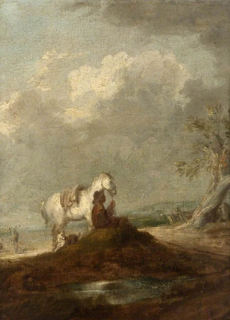 A traveler sitting on a country road, holding a white horse - Thomas Gainsborough