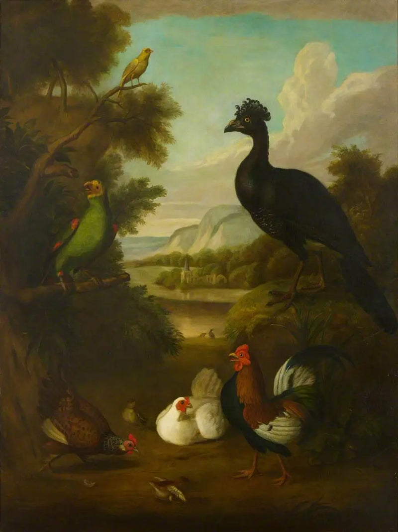 Canary, Green Parrot, and Other Birds in a Landscape - Tobias Stranover