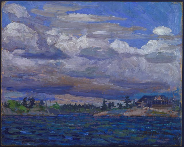 Chalet sur rivière rocheuse - Tom Thomson