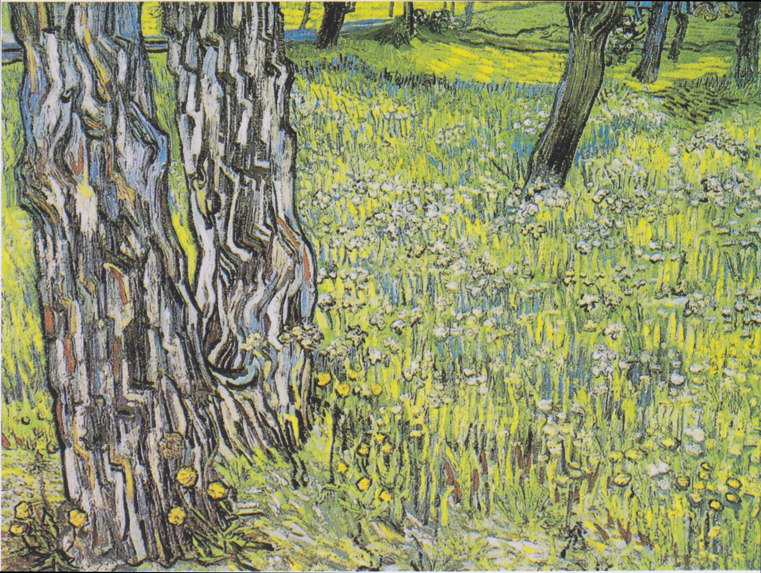 Reproduction du tableau « Prairie fleurie avec arbres et pissenlits - Vincent van Gogh » par Alpha Reproduction en peinture à l’huile