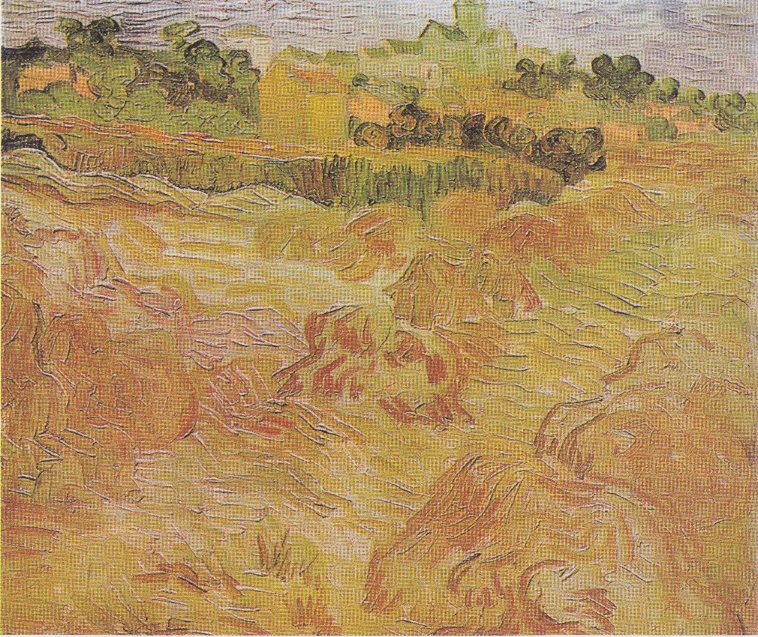 Reproduction du tableau « Champs de blé avec Auvers en arrière-plan - Vincent van Gogh » par Alpha Reproduction en peinture à l’huile