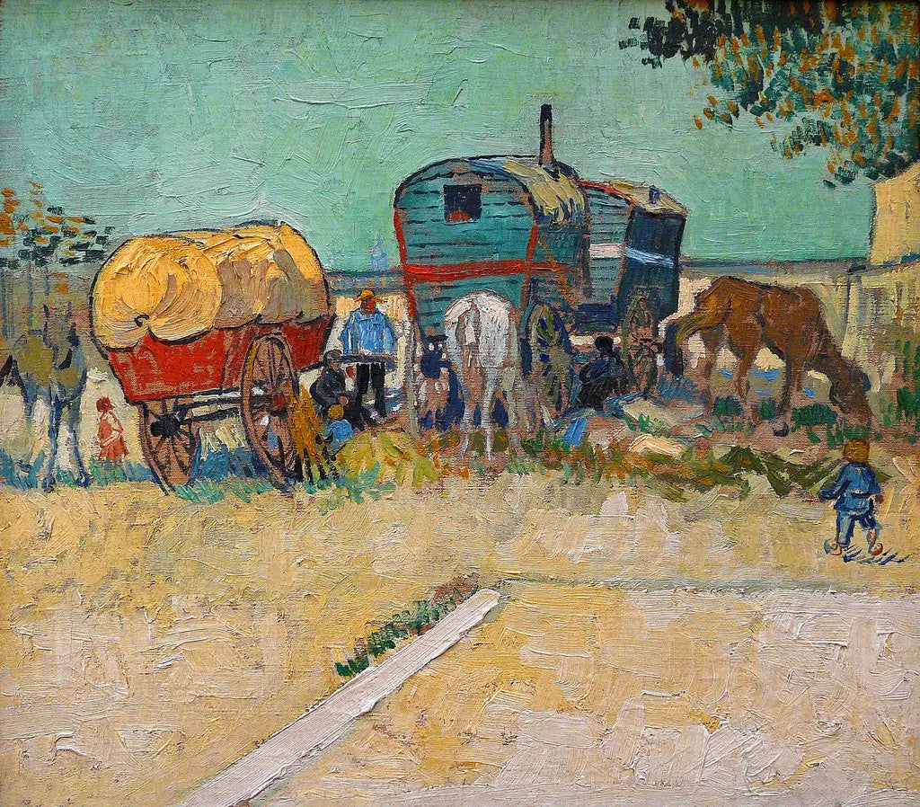 Reproduction du tableau « Les Roulottes, campement de bohèmes aux environs d'Arles - Vincent van Gogh » par Alpha Reproduction en peinture à l’huile