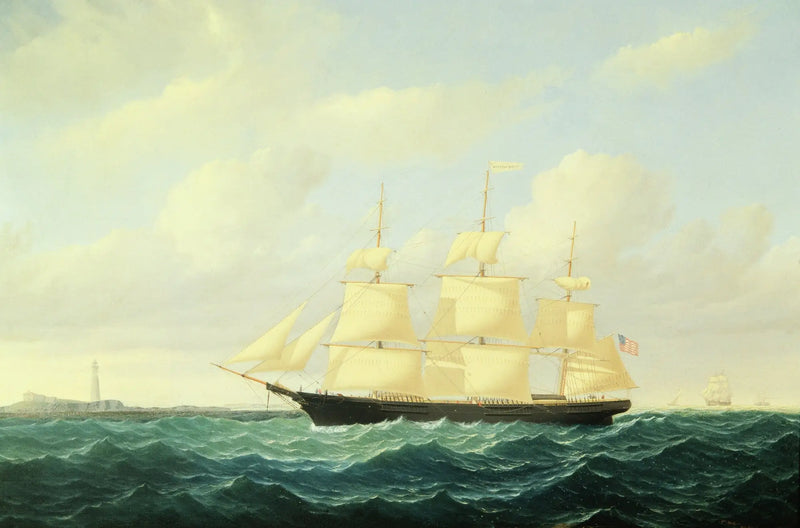 Clipper ship with waves off Boston Lighthouse - William Bradford