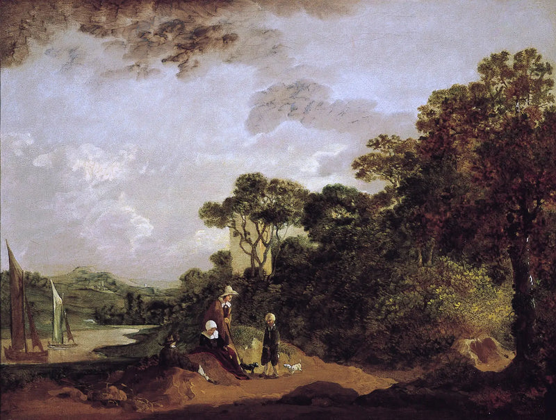 Forested River Landscape with Resting Peasants and Church Steeple - Thomas Gainsborough
