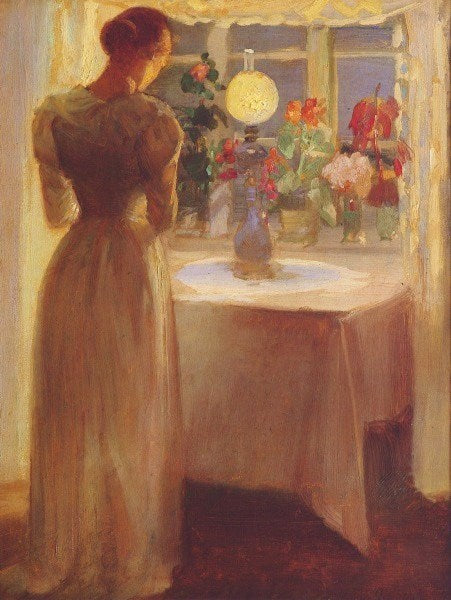 Young girl in front of a lit lamp - Anna Ancher
