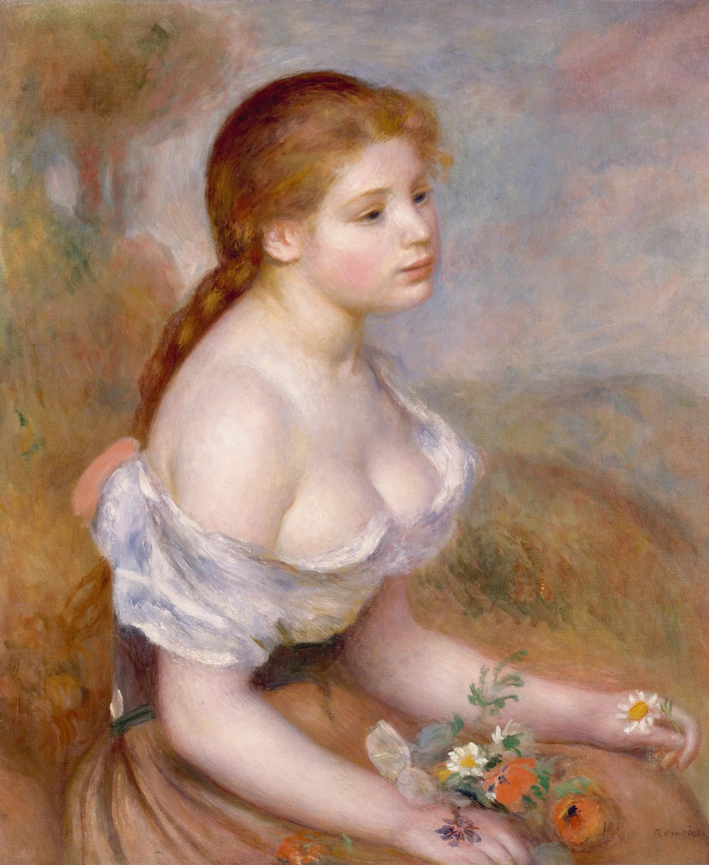 Reproduction du tableau « Jeune fille avec marguerites - Pierre-Auguste Renoir » par Alpha Reproduction en peinture à l’huile