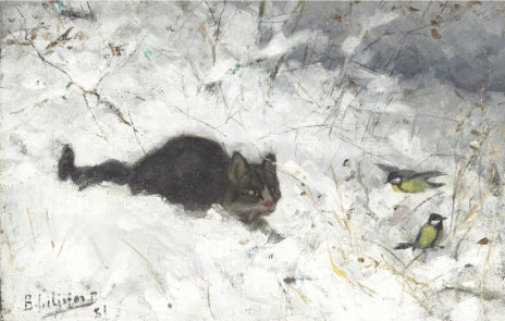 Hunting: Cat and great tits in a winter landscape - Bruno Liljefors