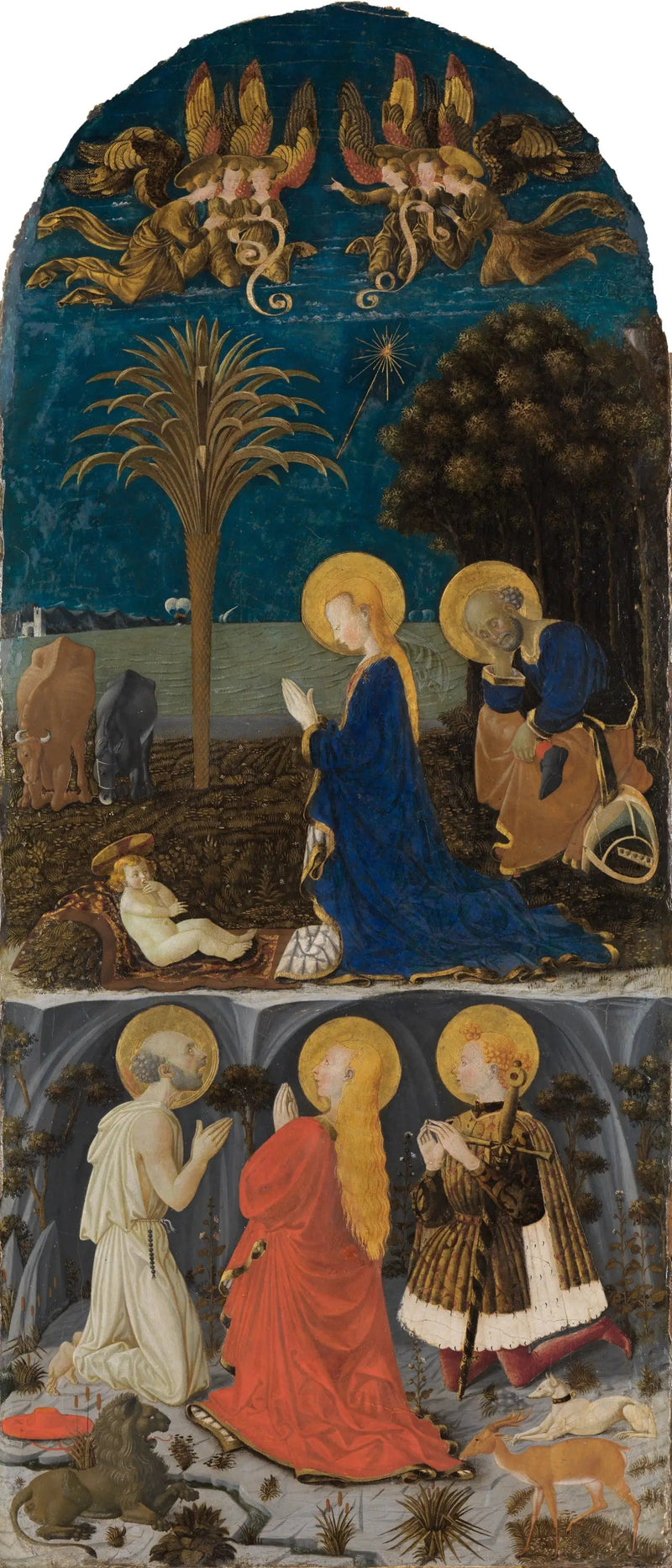 Adoration of the Child with Saints Jerome, Mary Magdalene, Eustace, and Julian - Paolo Uccello