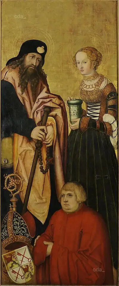 Wings of the altarpiece of the west choir of the Naumbourg cathedral [right wing]: the apostle James the Greater and Saint Mary Magdalene with Bishop John III of Schönberg (1492-1517) as donor [interior] - Lucas Cranach the Elder