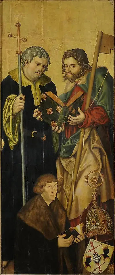Wings of the altarpiece of the west choir of the Naumbourg cathedral [left wing]: the apostle Philip and James the Younger with Philip, Count Palatine of the Rhine (1480-1541), Bishop of Freising (see - Lucas Cranach the Elder
