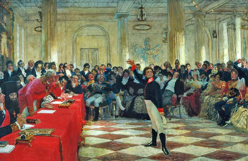 Alexandre Sergueïevitch Pouchkine recites his poem in front of Gavrila Derjavin during the Tsarskoïe Selo lycée exam on January 8, 1815. - Ilya Repin