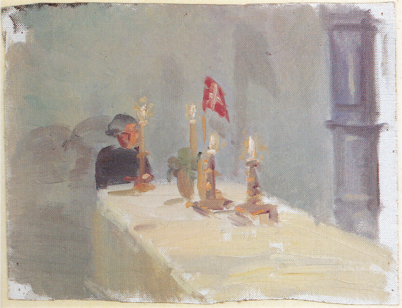 Birthday. A woman at the end of a table with candles and a flag. - Anna Ancher