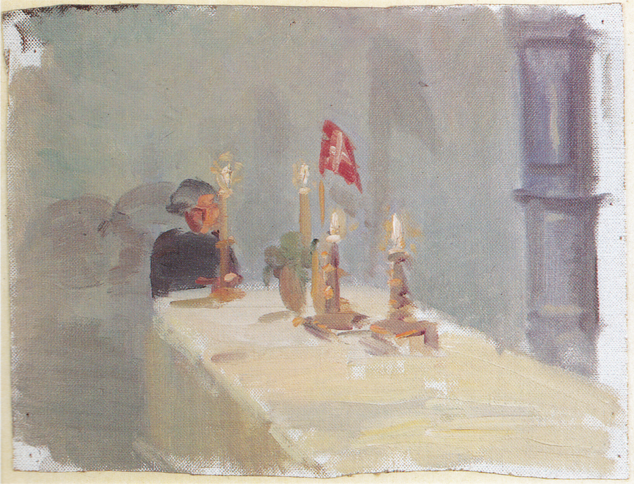 Birthday. A woman at the end of a table with candles and a flag. - Anna Ancher