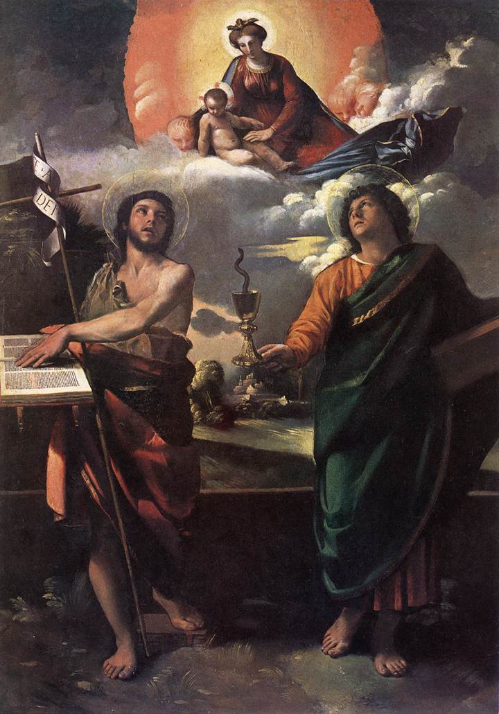 Apparition de la Vierge à l'Enfant aux saints Jean le Baptiste et l'Évangéliste - Dosso Dossi