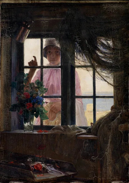 After the bath. A young girl knocks on the fisherman's window. - Carl Heinrich Bloch