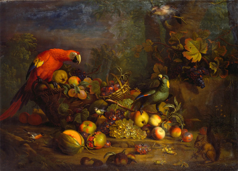 Red Ara, Yellow-necked Amazon, Peony Bullfinch, Blue Tit, Jay and Red Squirrel with Fruits - Tobias Stranover