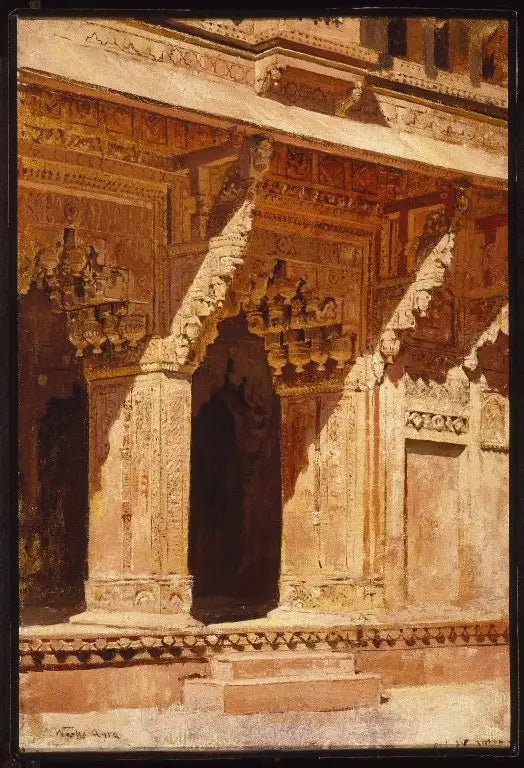Red sandstone arches curiously worked, Fort Agra, India - Edwin Lord Weeks