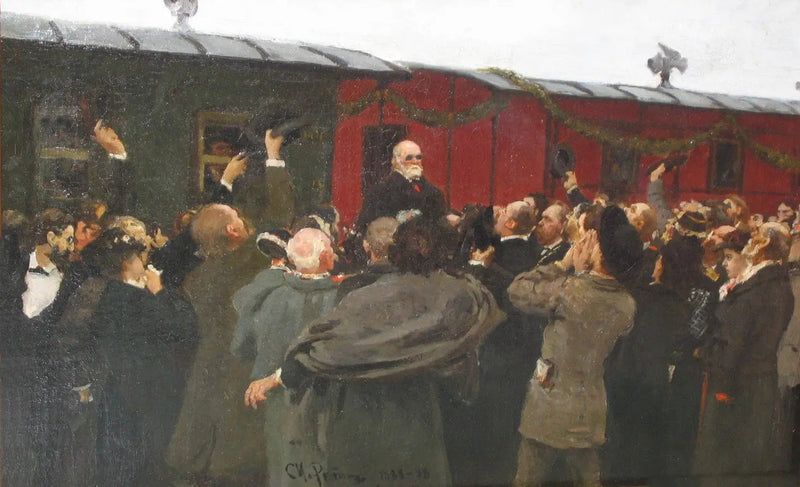 Arrival of Nikolaï Ivanovitch Pirogov in Moscow on the occasion of the 50th anniversary of his scientific activities. - Ilya Repin