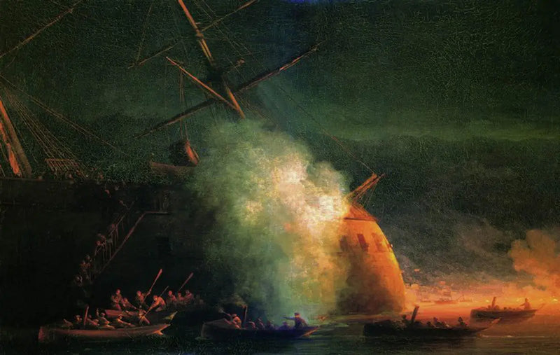 Attack of the mine by ships of the battleship Grand-Duc Konstantin of the Turkish armored cruiser Assari-Shevket on the Soukhoum roadstead on August 12, 1877 - Ivan Aivazovsky