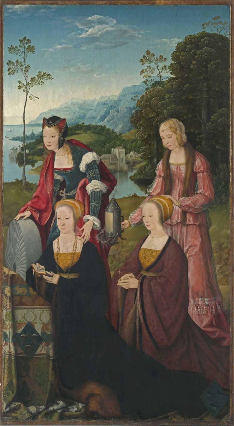 Altar of Marientod: Saint Christine and Gudula with the donors Christine and Sibilla Hackeney behind; outside: Saints Sebastian and Roch - Joos van Cleve